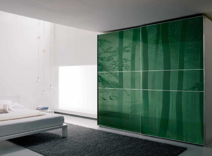 ντουλάπα ντουλάπα ζωντανές ιδέες υπνοδωμάτιο πράσινο μπροστινό γκρι δρομέας χαλιών