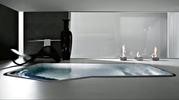 σχεδιαστικό μπάνιο εσωτερική πισίνα ξαπλώστρα τζάκι με αιθανόλη