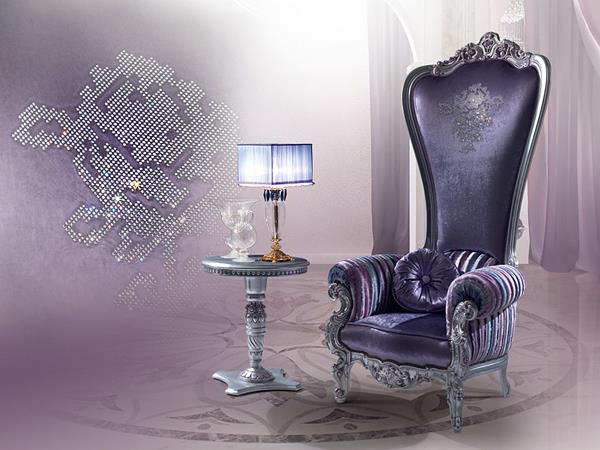 σχεδιαστική καρέκλα θρόνου με κασπάνι μοβ τραπεζάκι