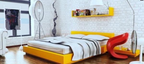 ιδέες σχεδιασμού νεανικό δωμάτιο σχεδιασμός κίτρινο κρεβάτι ράφι τούβλο τοίχο