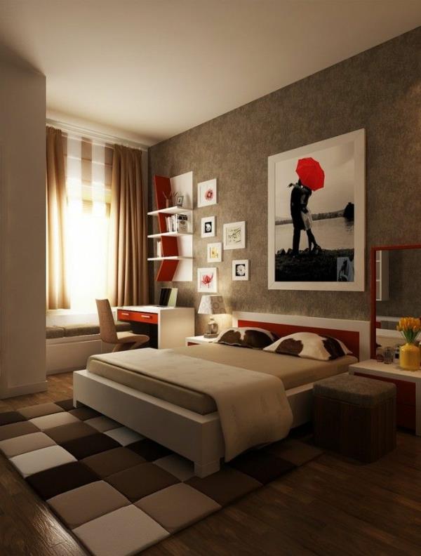 ιδέες σχεδιασμού νεανικό δωμάτιο σχεδιασμός χαλί τετράγωνο μοτίβο καφέ κρεβάτι