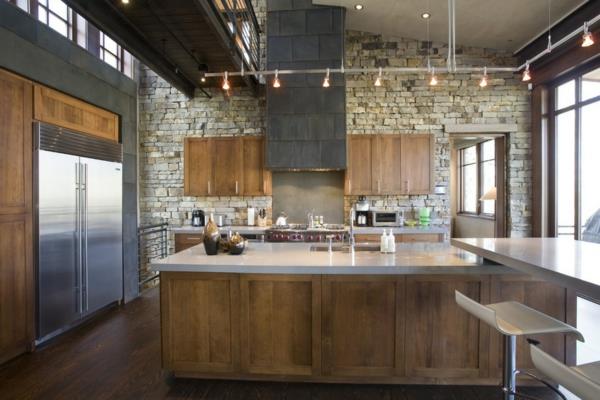 ανακαινίστε την παλιά ιδέα πέτρα τοίχου κουζίνας φωτισμός ξύλινα έπιπλα