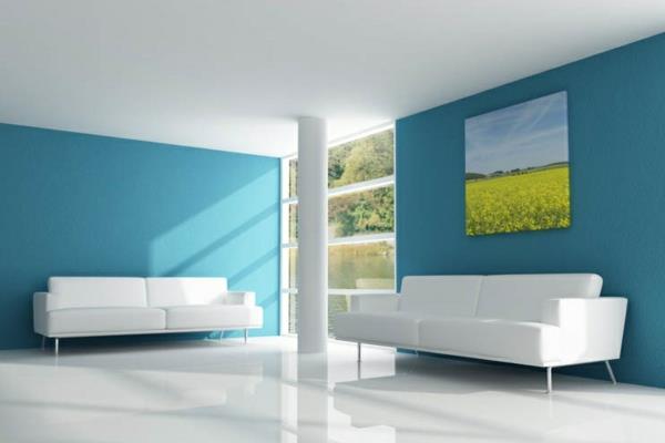 βάψιμο των τοίχων στο σπίτι μπλε χρώμα σαλόνι