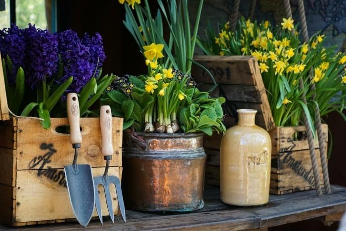 diy ιδέες κήπου φθηνά παλιά ξύλινα κουτιά γλάστρες νάρκισσους υάκινθος