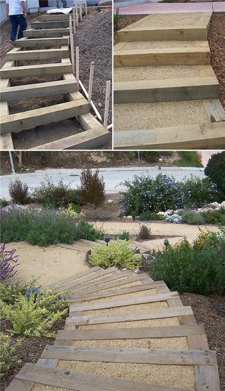 diy ιδέα σκάλας κήπου με ξύλο και βότσαλα