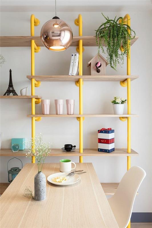 DIY έπιπλα δημιουργικές ιδέες τραπεζαρίας τραπεζαρία ξύλινο ράφι μεταλλικοί σωλήνες πλαίσιο