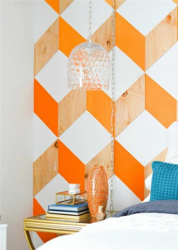 diy σπίτι ιδέες διακόσμηση τοίχου γεωμετρικό σχέδιο πορτοκαλί ξύλο λευκό