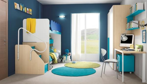διπλά κρεβάτια παιδικό δωμάτιο στρογγυλά χαλιά σχεδιασμός μπλε τοίχου
