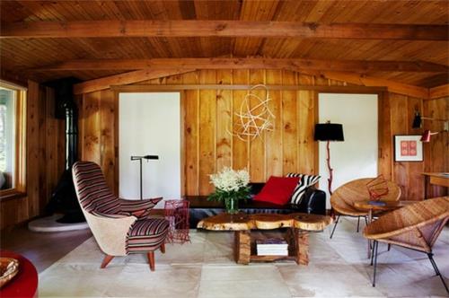 αληθινά ξύλινα πάνελ ιδέα σαλόνι χειμερινό σπίτι βουνά κομψό