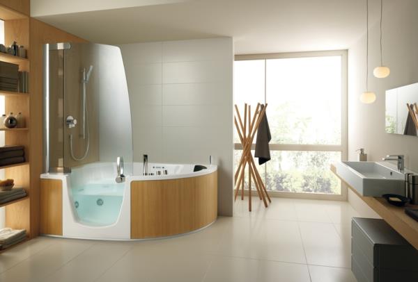 μοντέρνο μπάνιο σχεδιασμός ξύλινα πλακάκια γωνιακή μπανιέρα