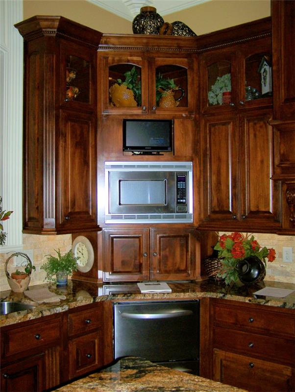 γωνιακό ντουλάπι ιδέες κουζίνα παραδοσιακά φυτά κίτρινο χρώμα τοίχου