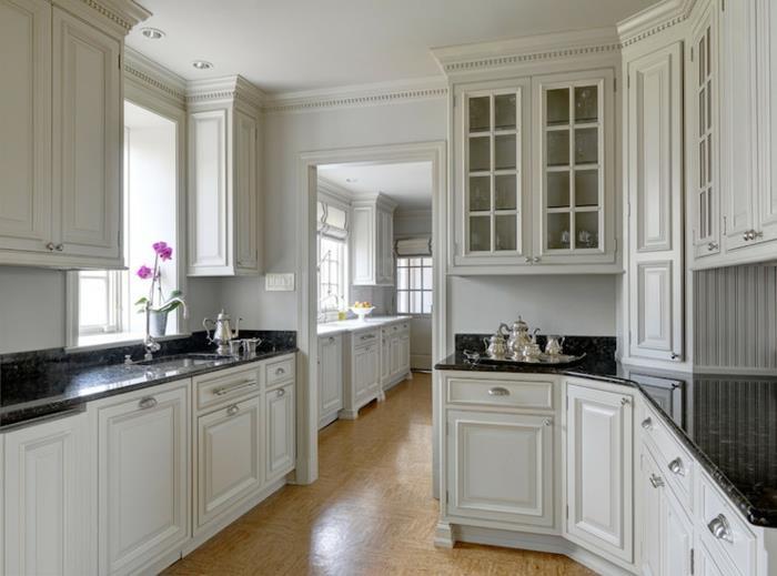 γωνιακή μονάδα κουζίνα λευκό λευκό τοίχο χρώμα σκούρα επιφάνεια εργασίας