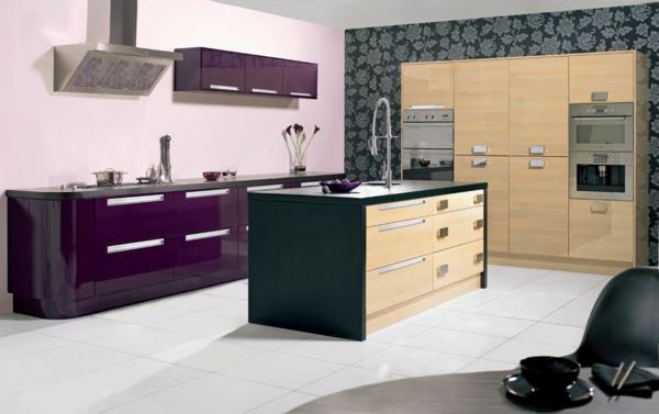 εντοιχισμένες κουζίνες με μοτίβα φλοράλ μοβ ντουλάπια υψηλής στιλπνότητας