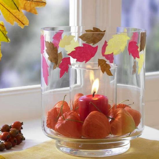 απλή φθινοπωρινή διακόσμηση λαμπάδα λουλούδι κολόνα κερί