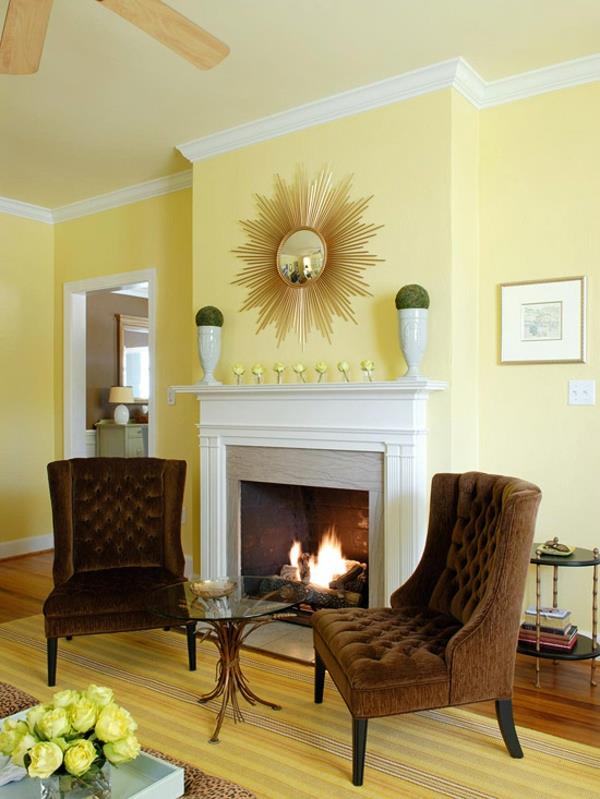 επίπλωση σαλόνι τζάκι τοίχο χρώματα παλέτα κίτρινη επικαλυμμένη πολυθρόνα