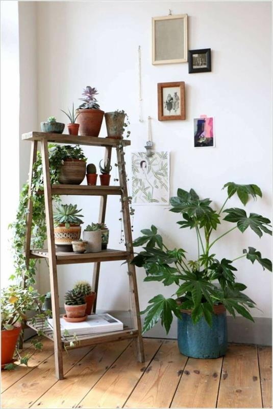 Ανακύκλωση ιδεών επίπλωση παραδειγμάτων diy ιδέες ξύλινη σκάλα έμμεσος φωτισμός τοίχων λουλούδια ράφι