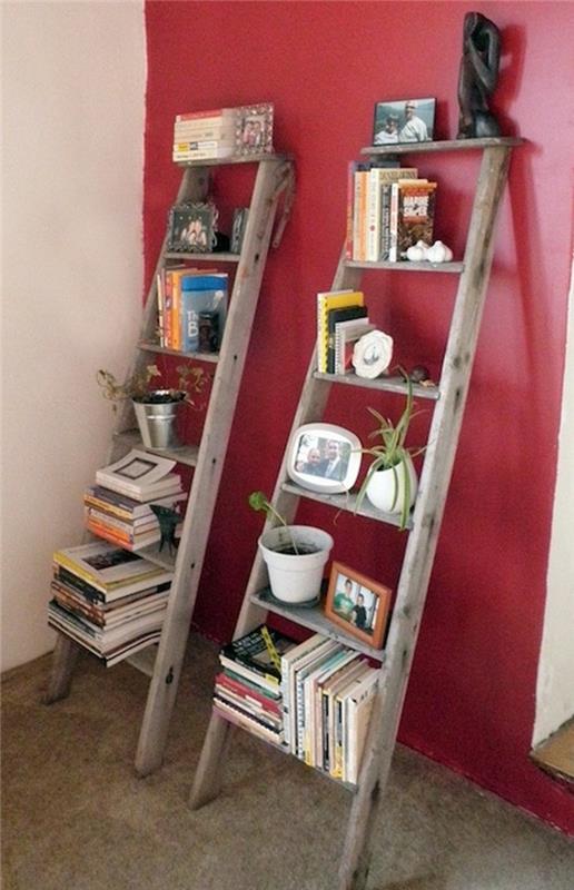 Ανακύκλωση ιδεών diy ιδέες ξύλινη σκάλα έμμεσος φωτισμός ράφι τοίχου κόκκινο χρώμα τοίχου