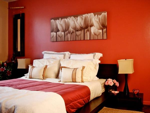 χρώματα κρεβατοκάμαρας κόκκινο κρεβάτι σχεδιασμού τοίχου