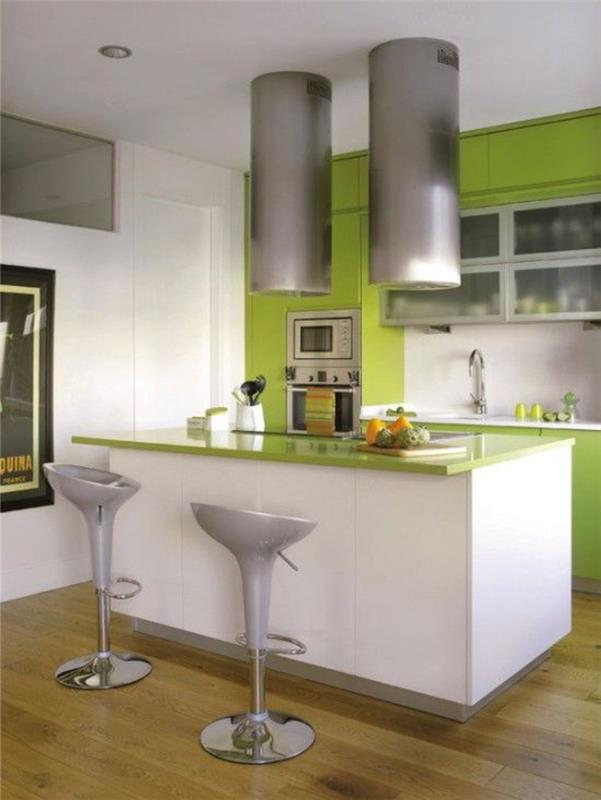 ιδέες επίπλωσης συμβουλές επίπλωσης κουζίνας φουτουριστικός σχεδιασμός μπαρ σκαμπό μπαρ μετρητής μήλο πράσινο λευκό υψηλό γυαλιστερό μέτωπο σύγχρονη διαβίωση