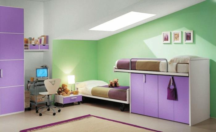 ιδέες διακόσμησης παιδικό δωμάτιο πράσινο τοίχο χρώμα μοβ κούνια επίπλων