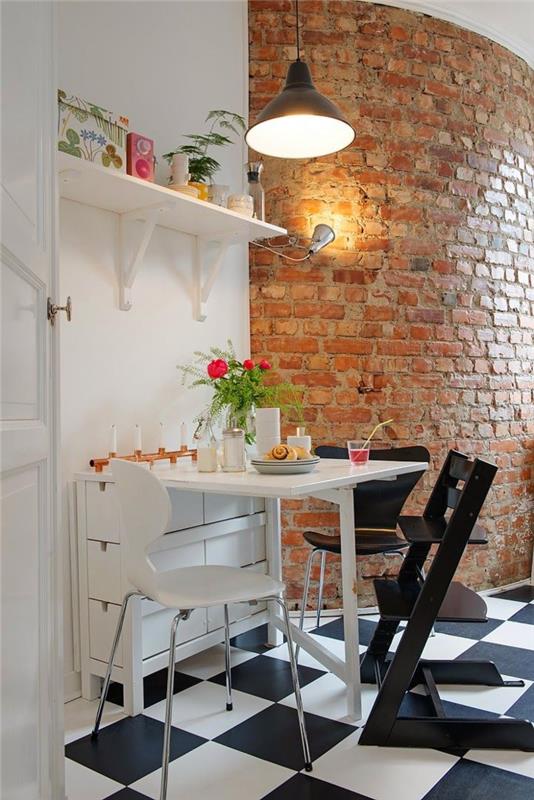 επίπλωση ιδεών μικρή κουζίνα πτυσσόμενη τραπεζαρία τραπεζαρία καρέκλες ματ πλακάκια τούβλο τοίχο