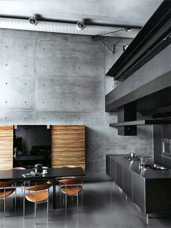 επίπλωση ιδέες κουζίνα μοντέρνα τσιμεντένια τοιχώματα σχεδιασμός σοφίτας διαμέρισμα τραπεζαρία μακρυές καρέκλες δέρμα