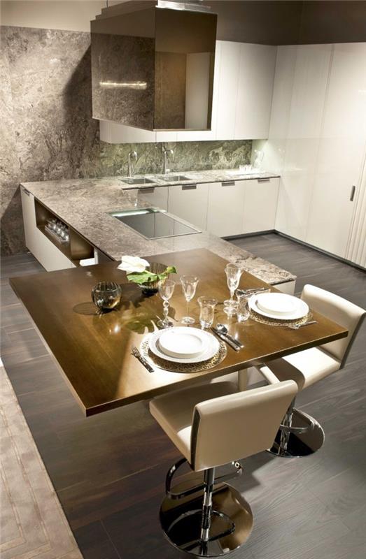 έπιπλα ιδέες κουζίνα μοντέρνο σαλόνι τραπεζαρία κουζίνα καρέκλες νησί δερμάτινη λευκή επιφάνεια εργασίας μάρμαρο