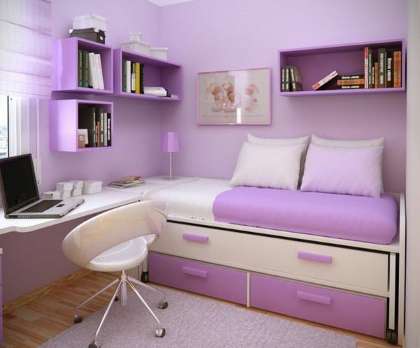ιδέες επίπλωσης μοβ κρεβάτι δωματίου με αποθήκη μωβ λευκό τραπέζι εργασίας