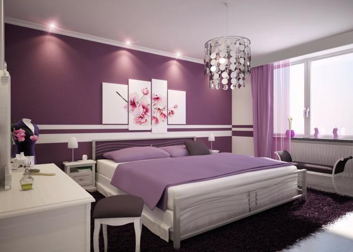 ιδέες διακόσμησης σχεδιασμός κρεβατοκάμαρας μοβ χρώμα τοίχου λευκά έπιπλα