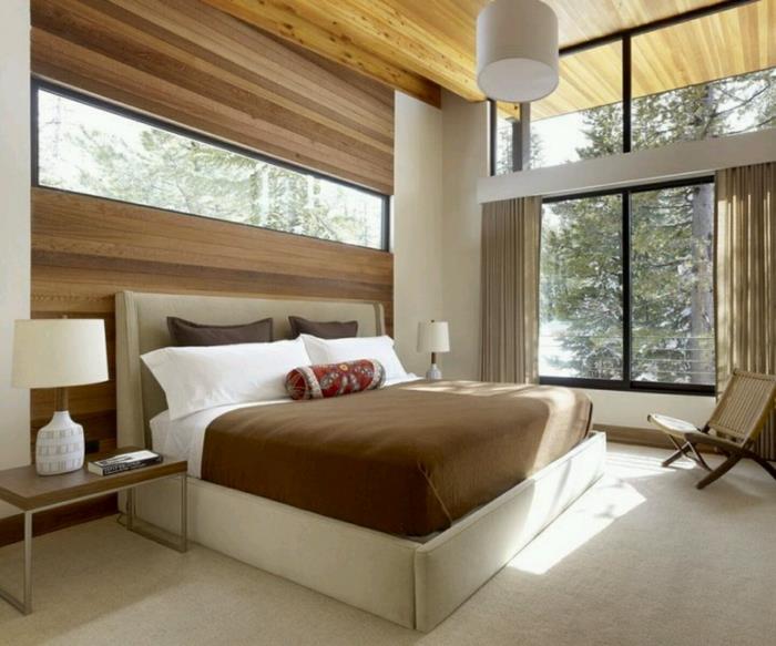επίπλωση ιδεών υπνοδωμάτιο εξοχικό στιλ ξύλινες προθέσεις χαλιά μεγάλα παράθυρα