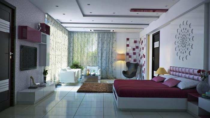 ιδέες διακόσμησης κρεβατοκάμαρα μοβ προφορές αέρινες κουρτίνες λευκά πλακάκια δαπέδου