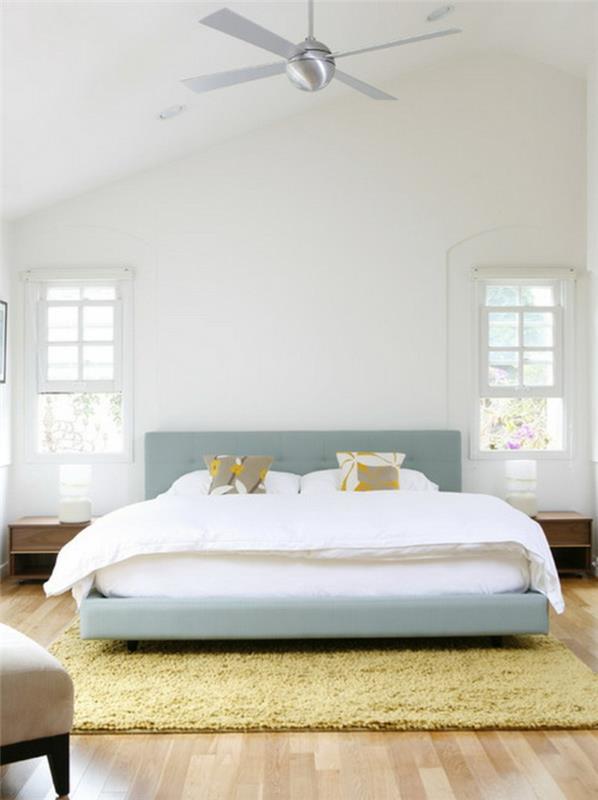 ιδέες επίπλωσης υπνοδωμάτιο απλό ανοιχτό πράσινο τόνους κίτρινο χαλί