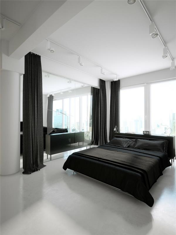 ιδέες επίπλωσης υπνοδωμάτιο μαύρο κρεβάτι λευκό χαλί