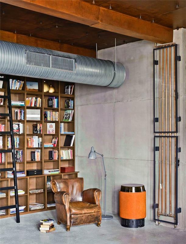επίπλωση ιδεών ζωντανός σωλήνας λαμαρίνας βιομηχανική στυλ βιβλιοθήκη δερμάτινη πολυθρόνα