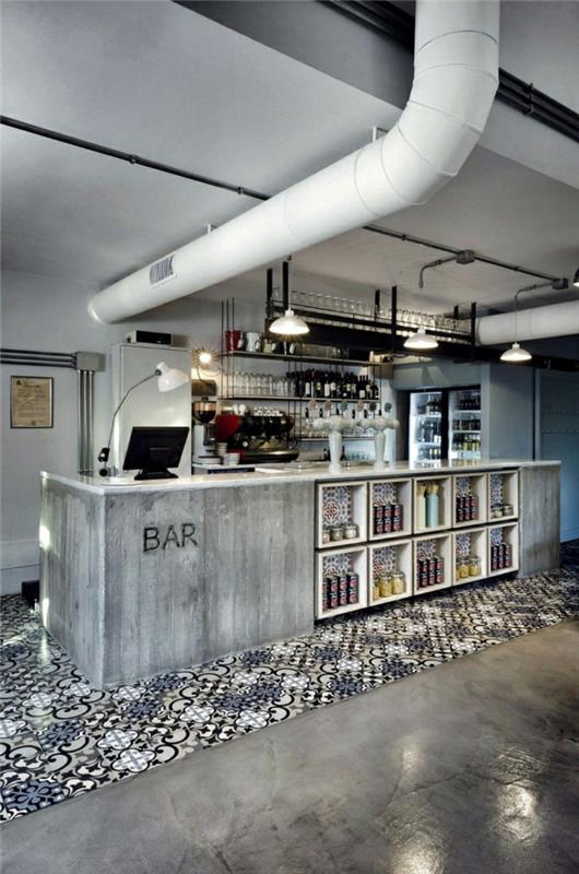 ιδέες εσωτερικής διακόσμησης Wohniden bar πάγκο λευκό σωληνωτό μοτίβο πλακάκια δαπέδου