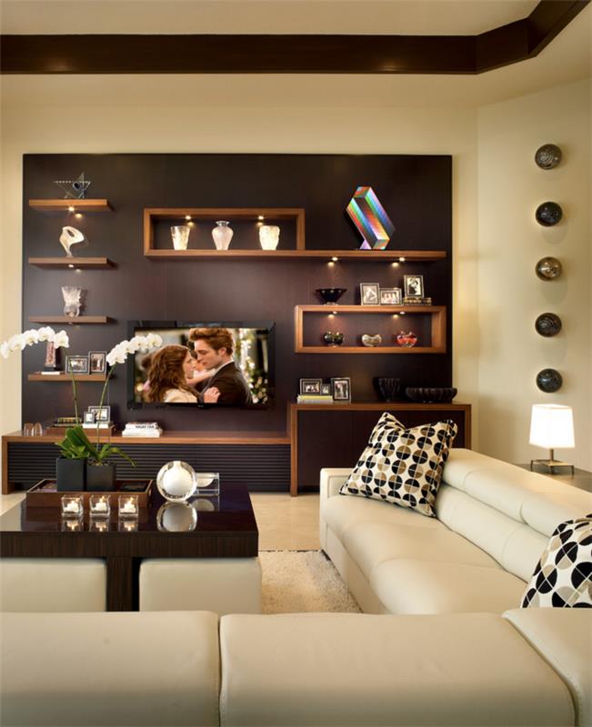 εσωτερικές ιδέες σχεδιασμού σαλόνι καφέ προφορά τοίχου ανοιχτά ράφια