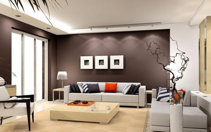 ιδέες επίπλωσης σαλόνι καφέ τοίχοι μπεζ καναπέδες μινιμαλιστικό τραπεζάκι σαλονιού