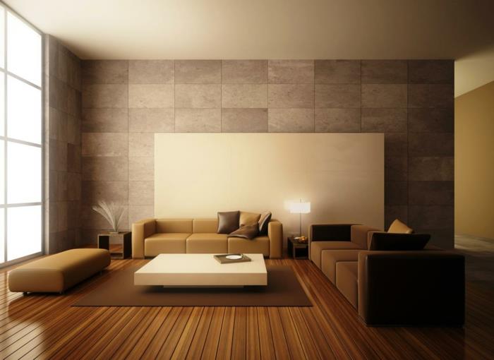 ιδέες επίπλωσης σαλόνι καφέ καναπέ πάνελ τοίχου