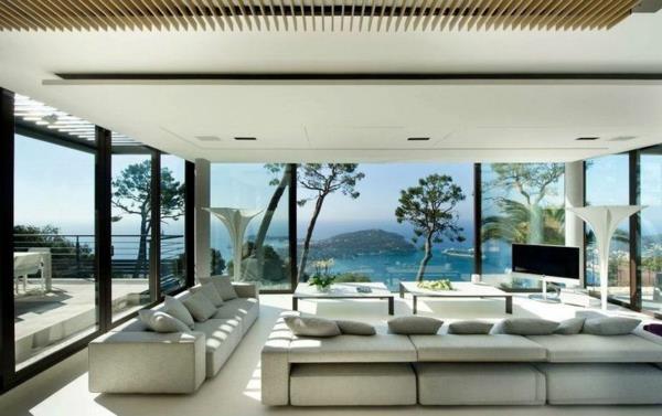 ιδέες επίπλωσης σαλόνι με καναπέδες τραπέζια με θέα στη θάλασσα
