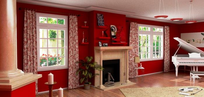εσωτερικές ιδέες σχεδιασμού σαλονιού κόκκινο τοίχο βαφή πιάνου φρέσκες κουρτίνες