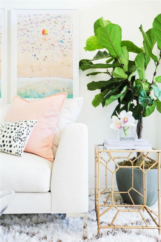 ιδέες επίπλωσης σαλόνι χαλί φυτό πλαϊνό τραπέζι παστέλ χρώματα
