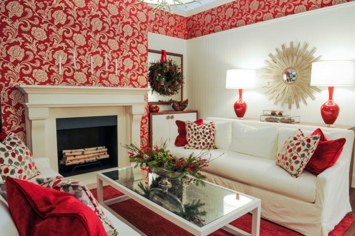 επίπλωση ιδεών σαλόνι ιδέες σχεδιασμού τοίχου τοίχου ταπετσαρία τοίχου κόκκινο λουλουδάτο κόκκινο χαλί