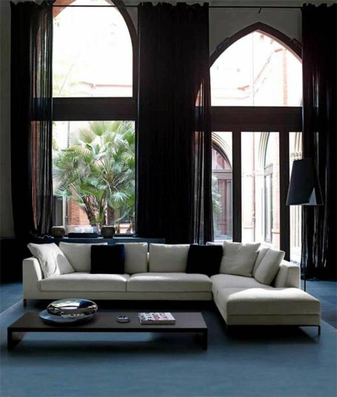 εσωτερικές ιδέες σχεδιασμού σαλόνι λευκός γωνιακός καναπές μακριές κουρτίνες
