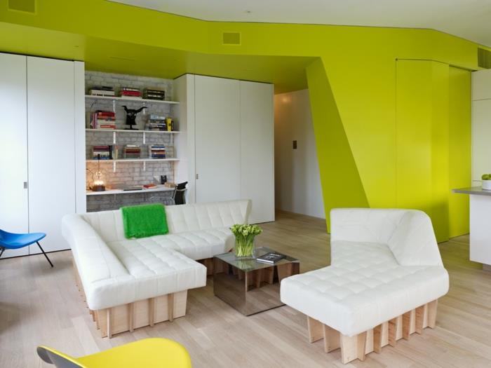 Επιπλωμένο διαμέρισμα ενός δωματίου σοφίτα διαμέρισμα σαλόνι καναπές καναπές λευκά ξύλινα έπιπλα νέον πράσινοι τοίχοι