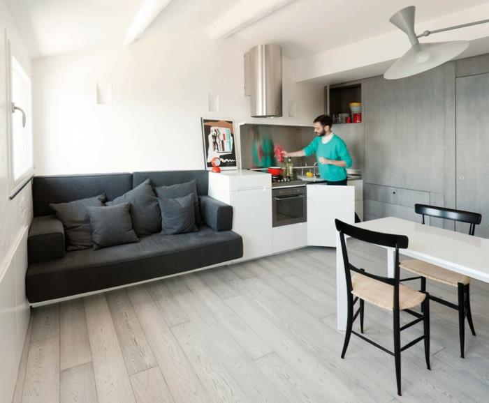 διαμέρισμα ενός δωματίου γκρι καναπέ τραπεζαρία εσωτερική διακόσμηση κουζίνας