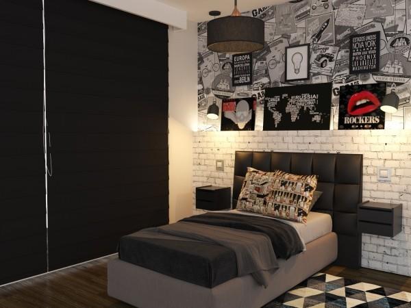 διαμέρισμα ενός δωματίου με πολύ γκρι και μαύρο χρώμα