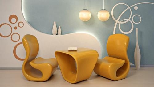 κομψά έπιπλα σαλονιού κίτρινες καρέκλες τραπεζάκια καφέ χρώματα τοίχου λαμπτήρες τατουάζ