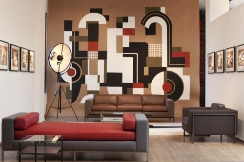 καλαίσθητο έπιπλο καθιστικού καναπές δερμάτινη επένδυση κόκκινη διακόσμηση τοίχου πολυθρόνας