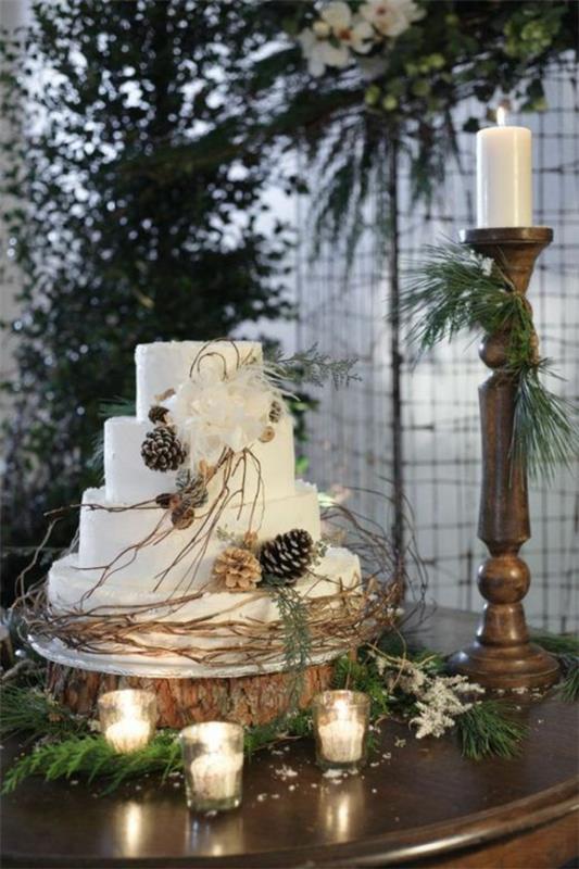 κομψή γαμήλια τούρτα χειμερινή διακόσμηση γάμου με κώνους