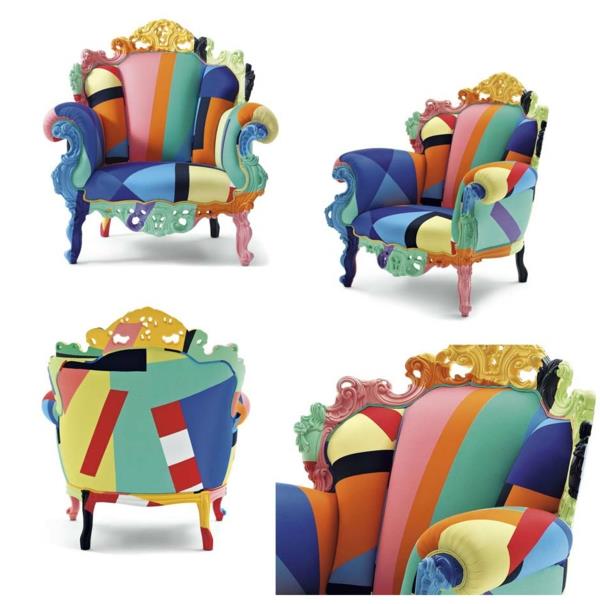 κομψή πολυθρόνα με πολύχρωμη μοντέρνα τέχνη